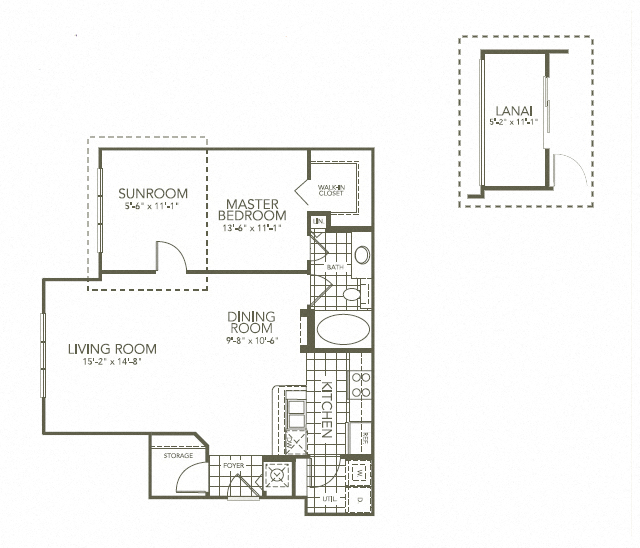 Floor plan for 1 bed, 1 bath, 899 sqft